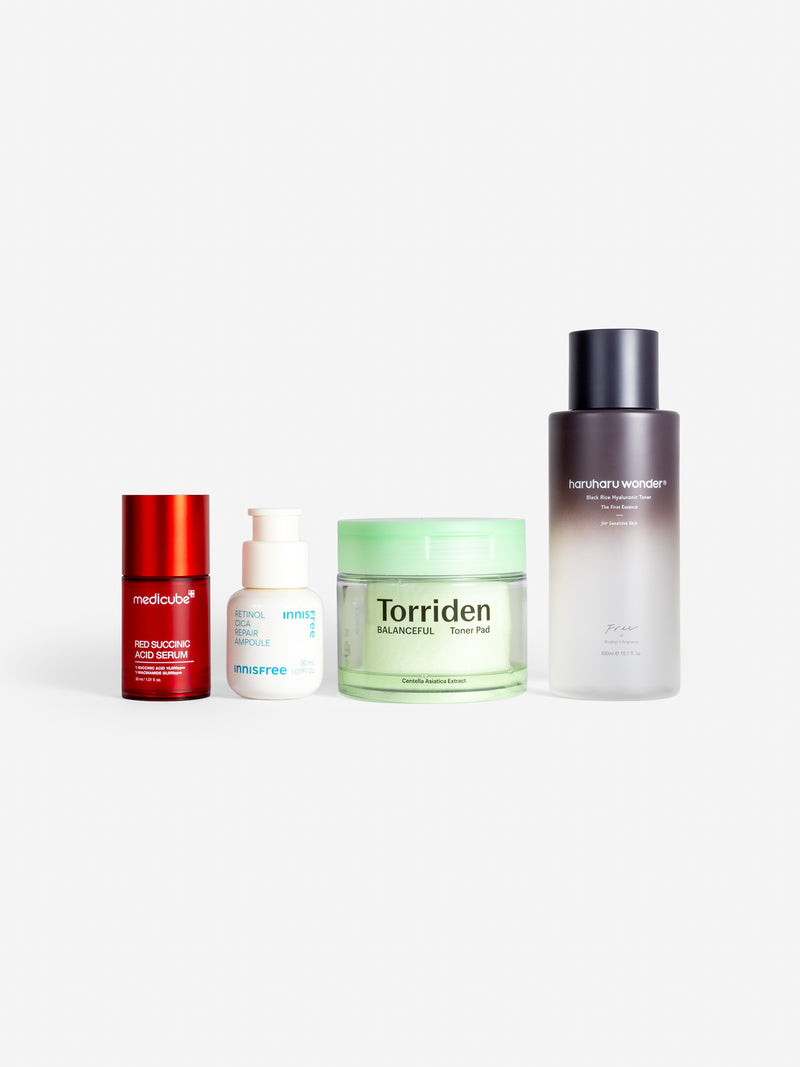 medicube red succinic acid serum, innisfree retinol cica repair ampoule, torriden balanceful toner pad, and haruharu wonder black rice hyaluronic acid toner free from alcohol & fragrance on white background