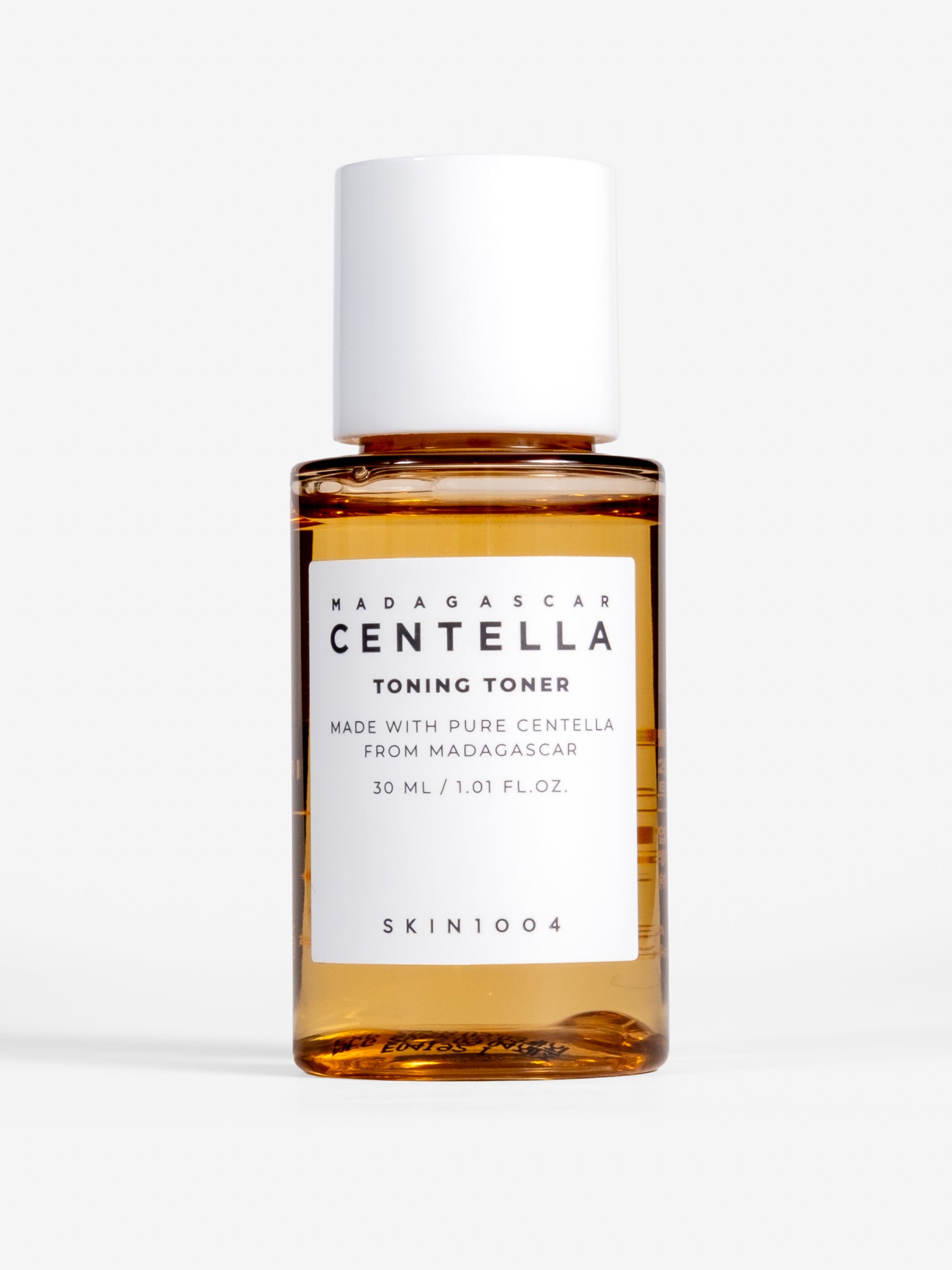Bottle of Madagascar Centella toning toner 30ml on a white background