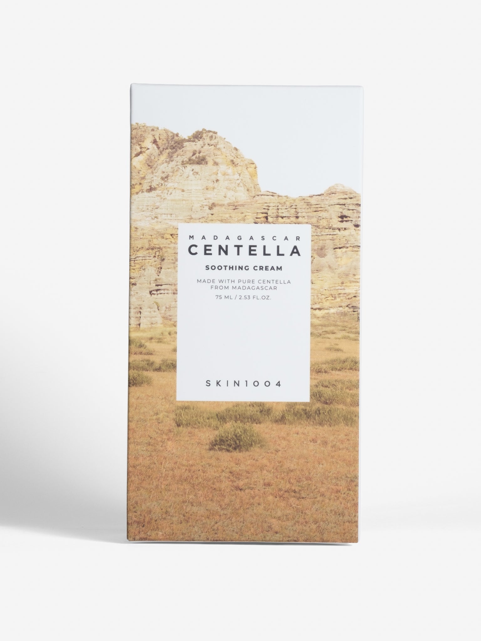 SKIN1004 Madagascar Centella Soothing Cream 75ml packaging box with a Madagascar landscape print