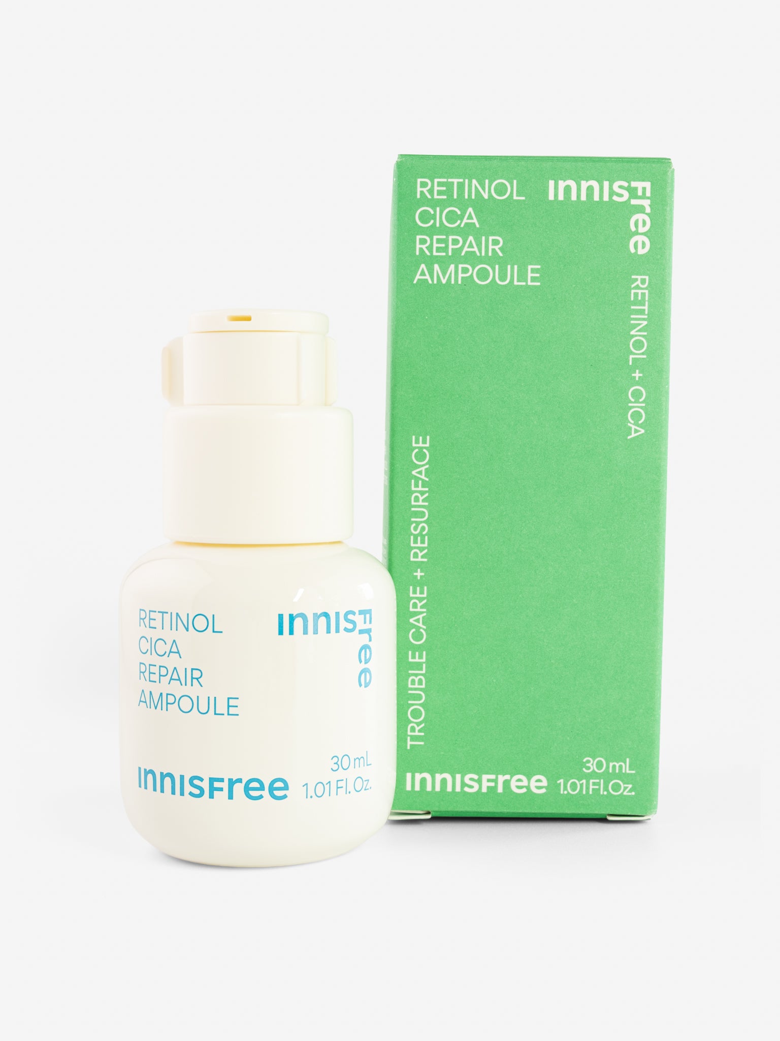 Innisfree Retinol Cica Repair Ampoule bottle and packaging on a white background