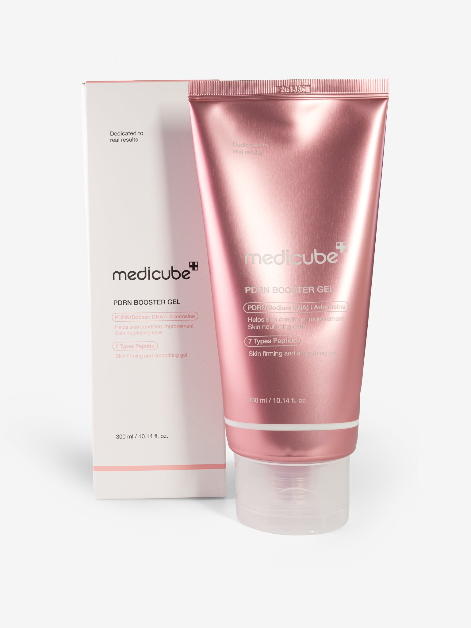 Pink tube and box of Medicube PDRN Booster Gel on a white background