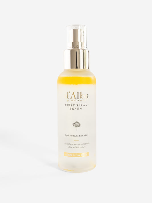 d'Alba First Spray Serum bottle on a white background
