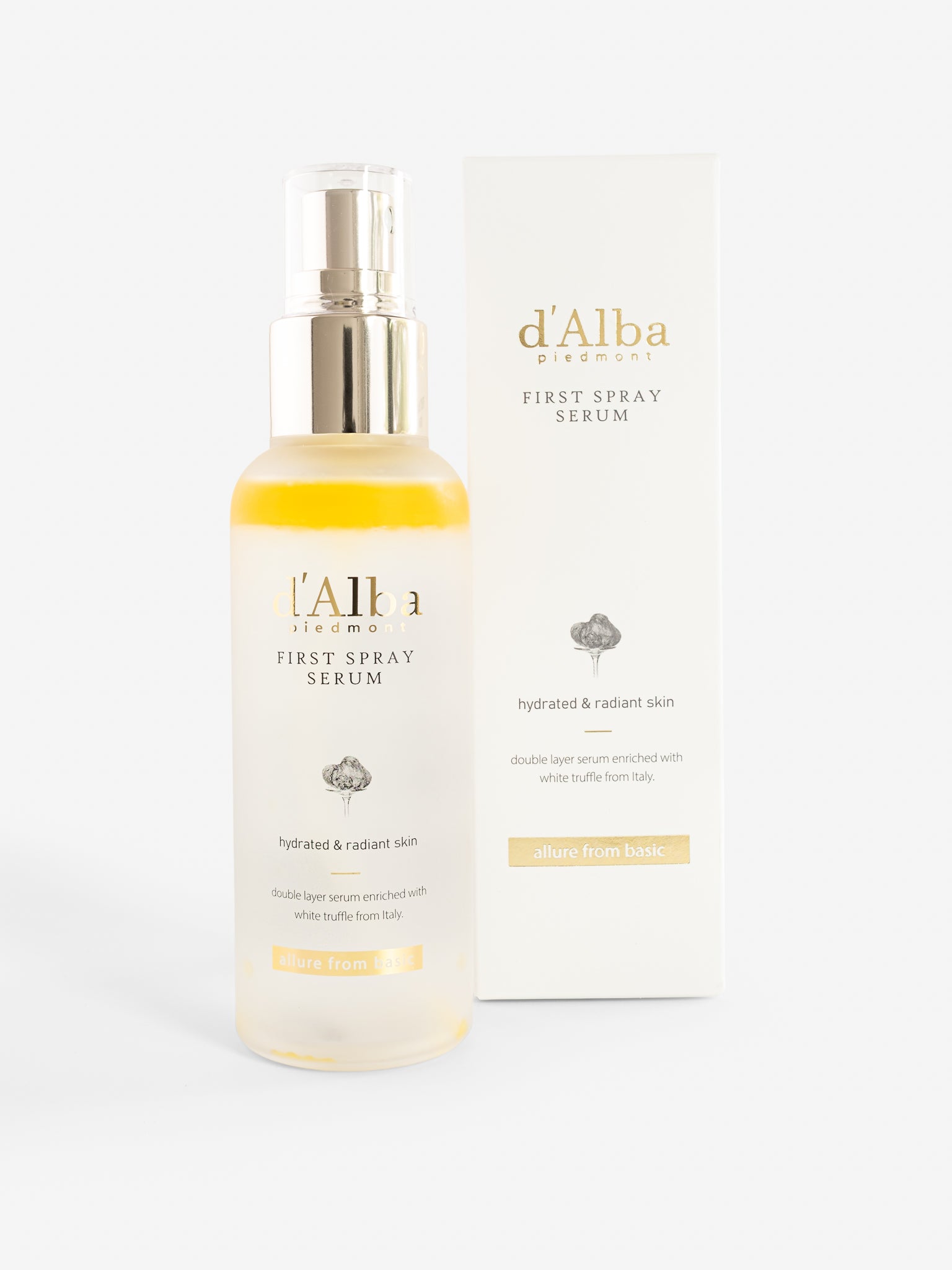 d'Alba first spray serum bottle and box on a white background