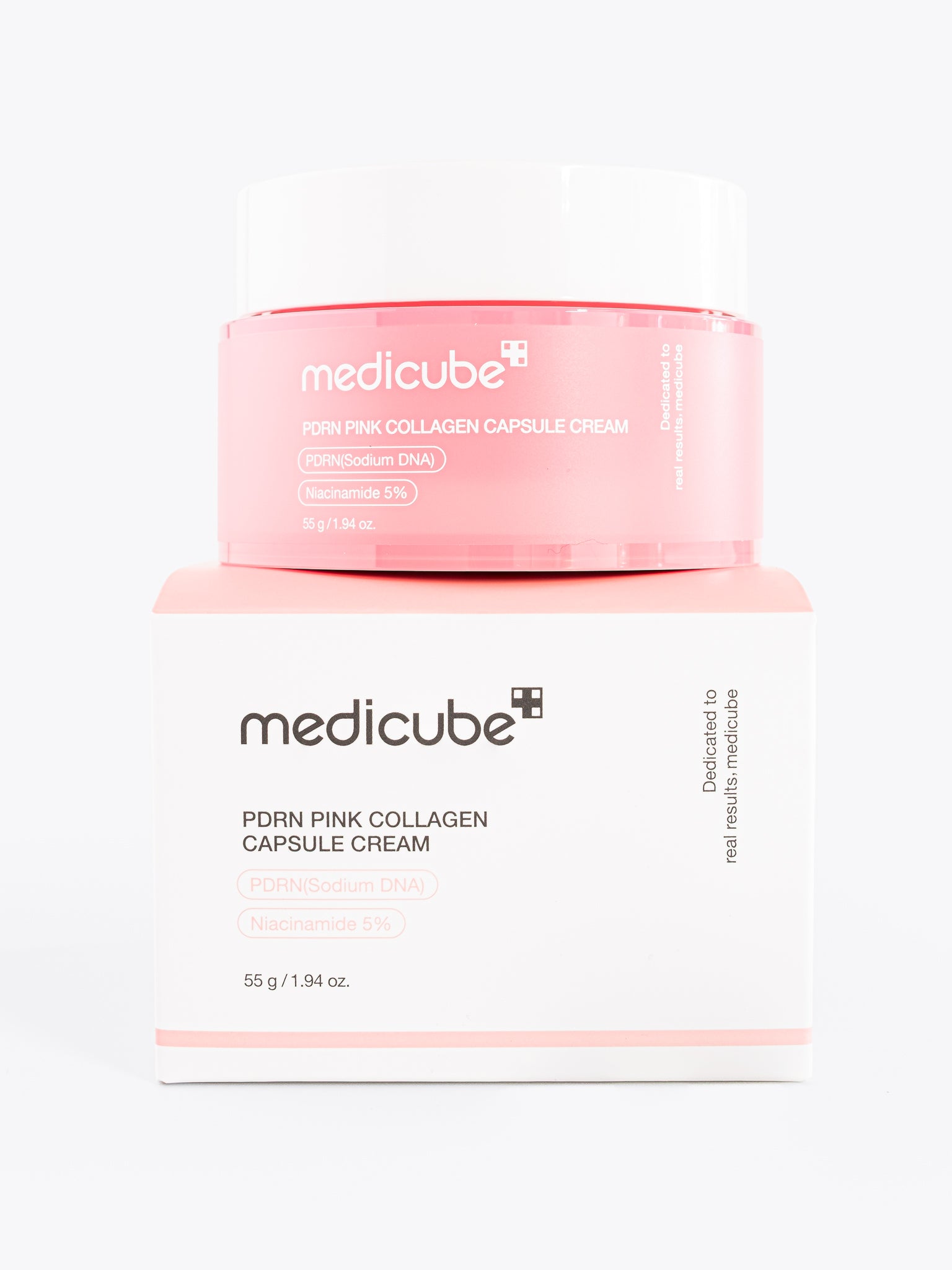 Pink and white packaging of Medicube PDRN Pink Collagen Capsule Cream on a white background