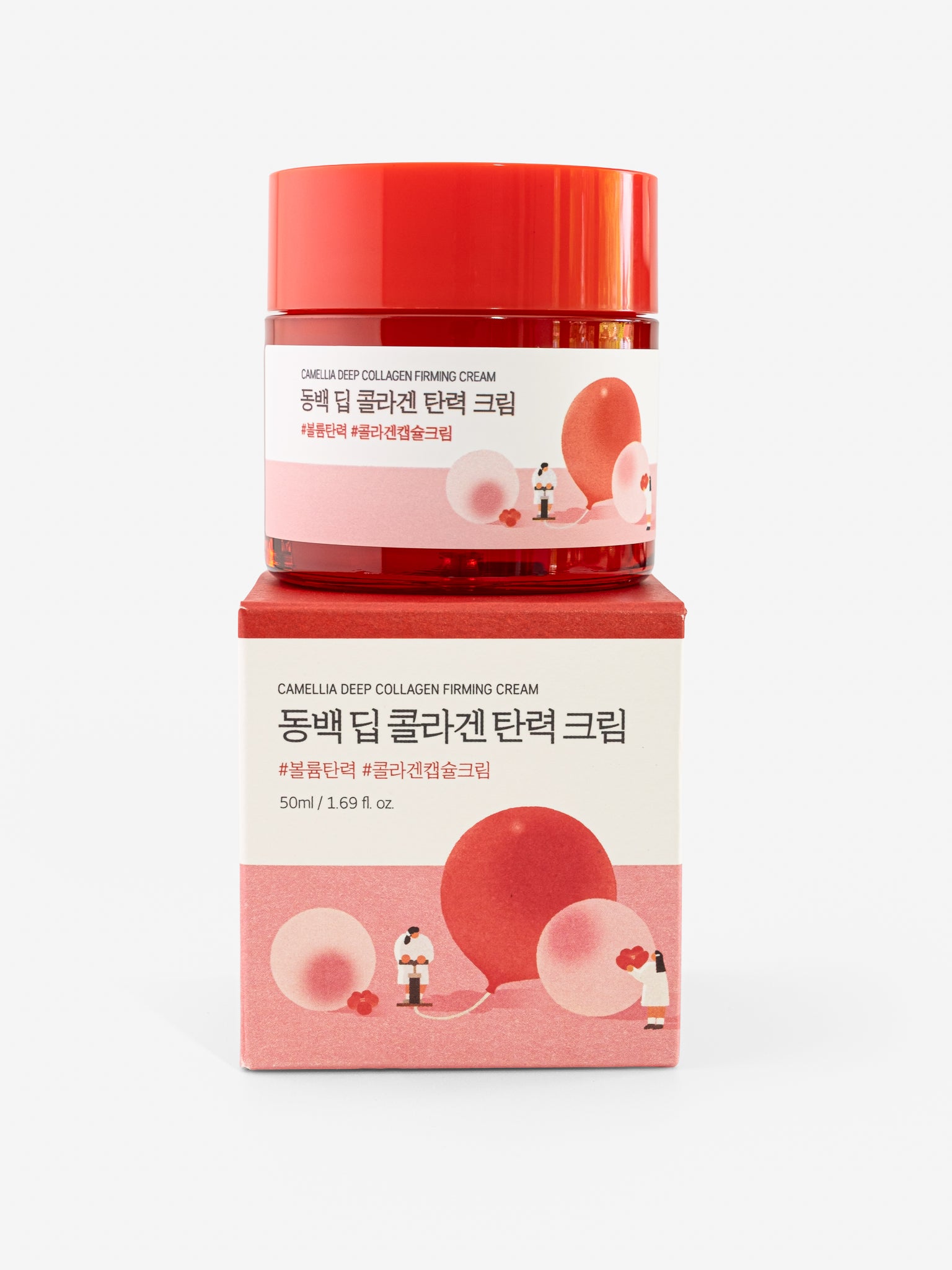 Roundlab camellia deep collagen firming cream on top of packaging on white background