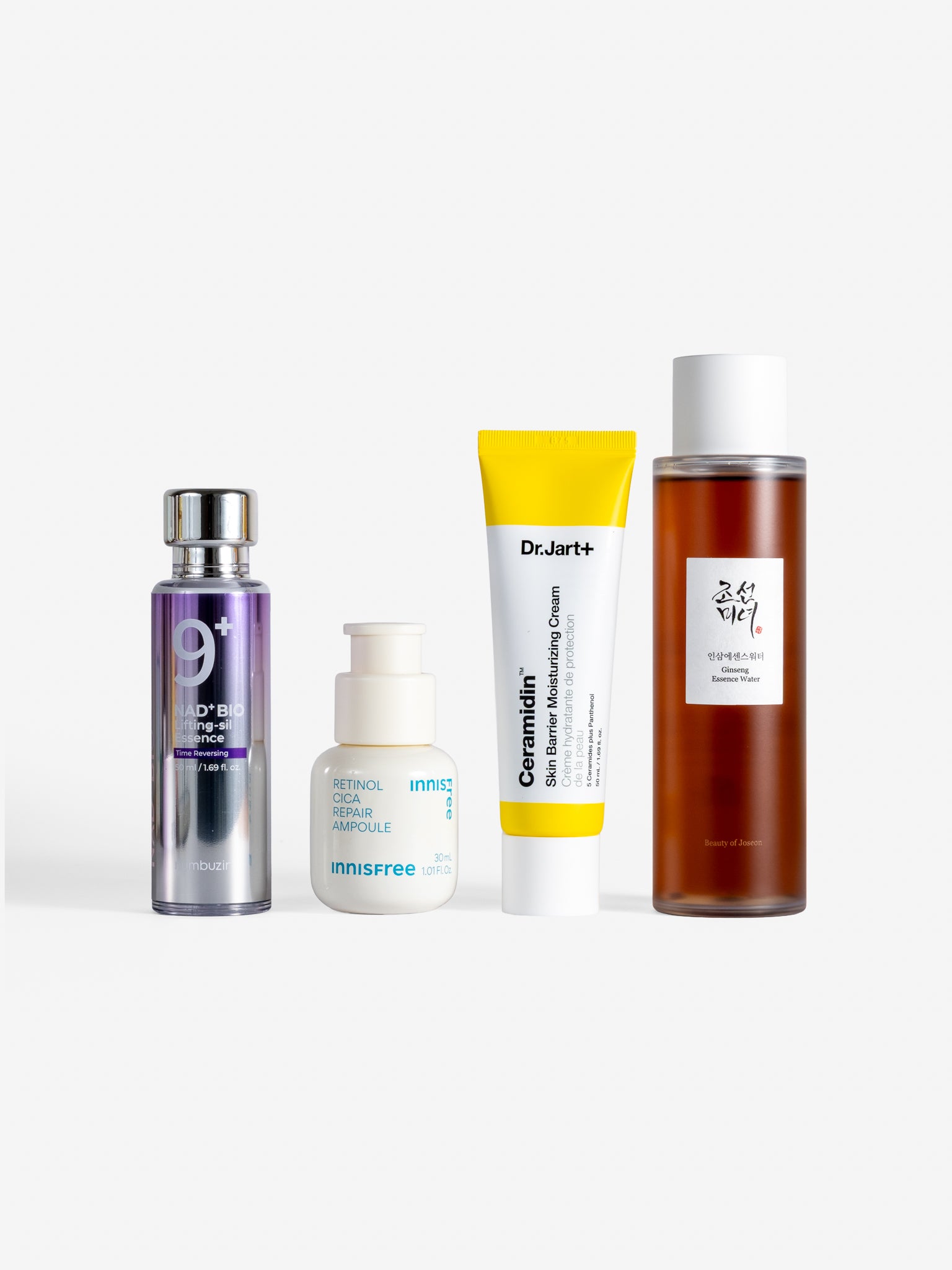 numbuzin no.9 nad+ bio lifting-sil essence, innisfree retinol cica repair ampoule, Dr Jart ceramidin skin barrier moisturising cream and beauty of joseon ginseng essence water