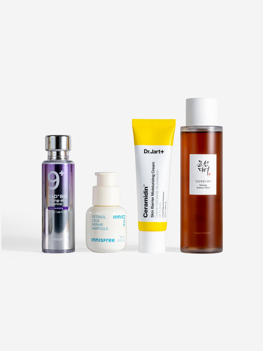 numbuzin no.9 nad+ bio lifting-sil essence, innisfree retinol cica repair ampoule, Dr Jart ceramidin skin barrier moisturising cream and beauty of joseon ginseng essence water