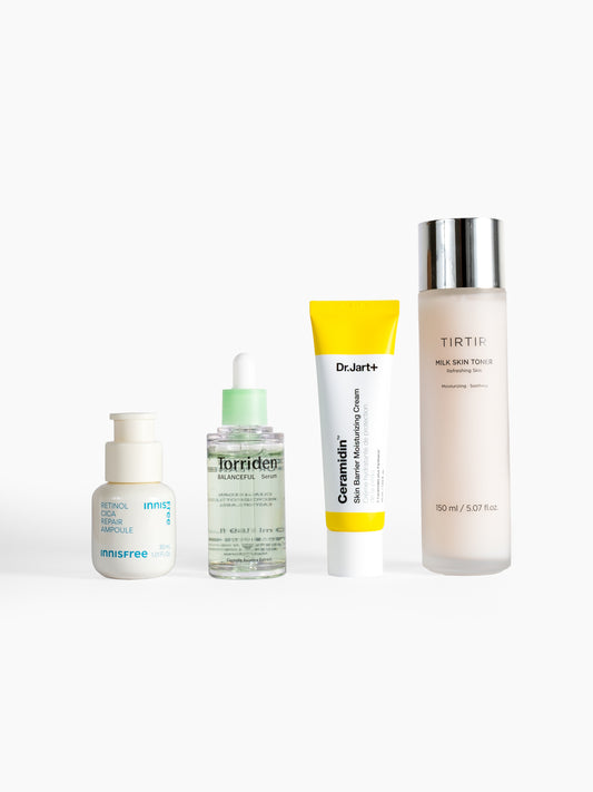 Innisfree retinol cica repair ampoule, torriden balanceful serum, Dr Jart Ceramidin Skin barrier moisturizing cream and tir tir milk skin toner on white background