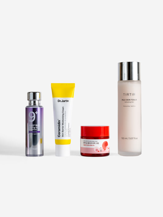 numbuzin no. 9 nad+ bio lifting-sil essence, Dr. Jart Ceramidin Skin barier moisturising cream, Roundlab camellia deep firming cream, Tir Tir milk skin toner on white background