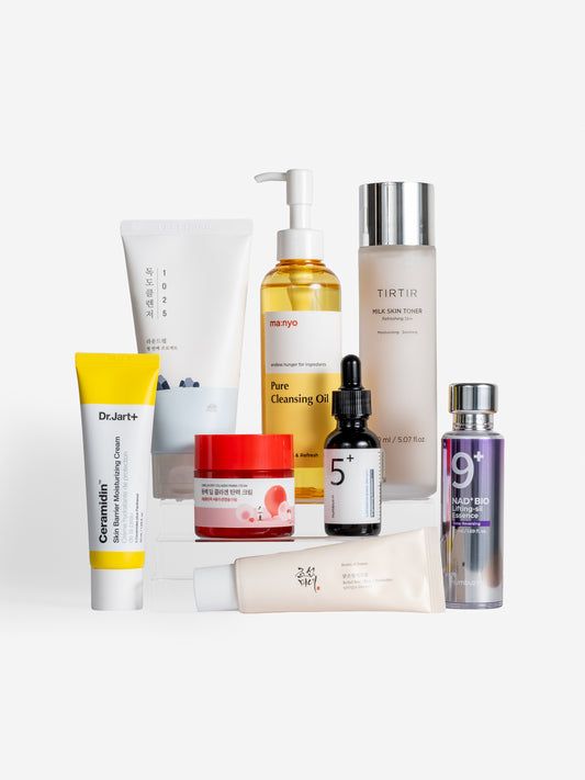 Collection of skincare products on a white background