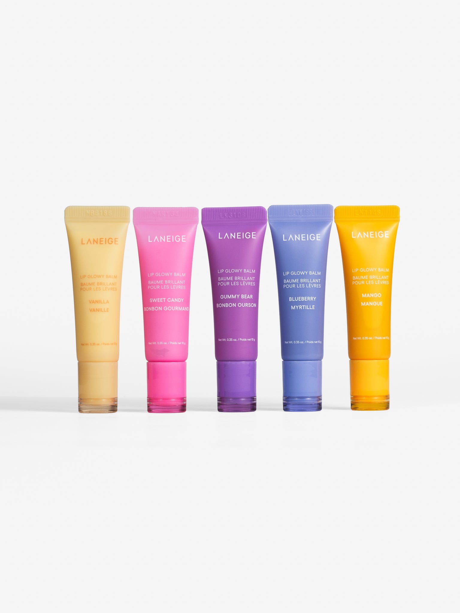 Laneige Lip Glowy Balm range — Gummy Bear, Blueberry, Vanilla, Sweet Candy and Mango hydrating lip balm tubes