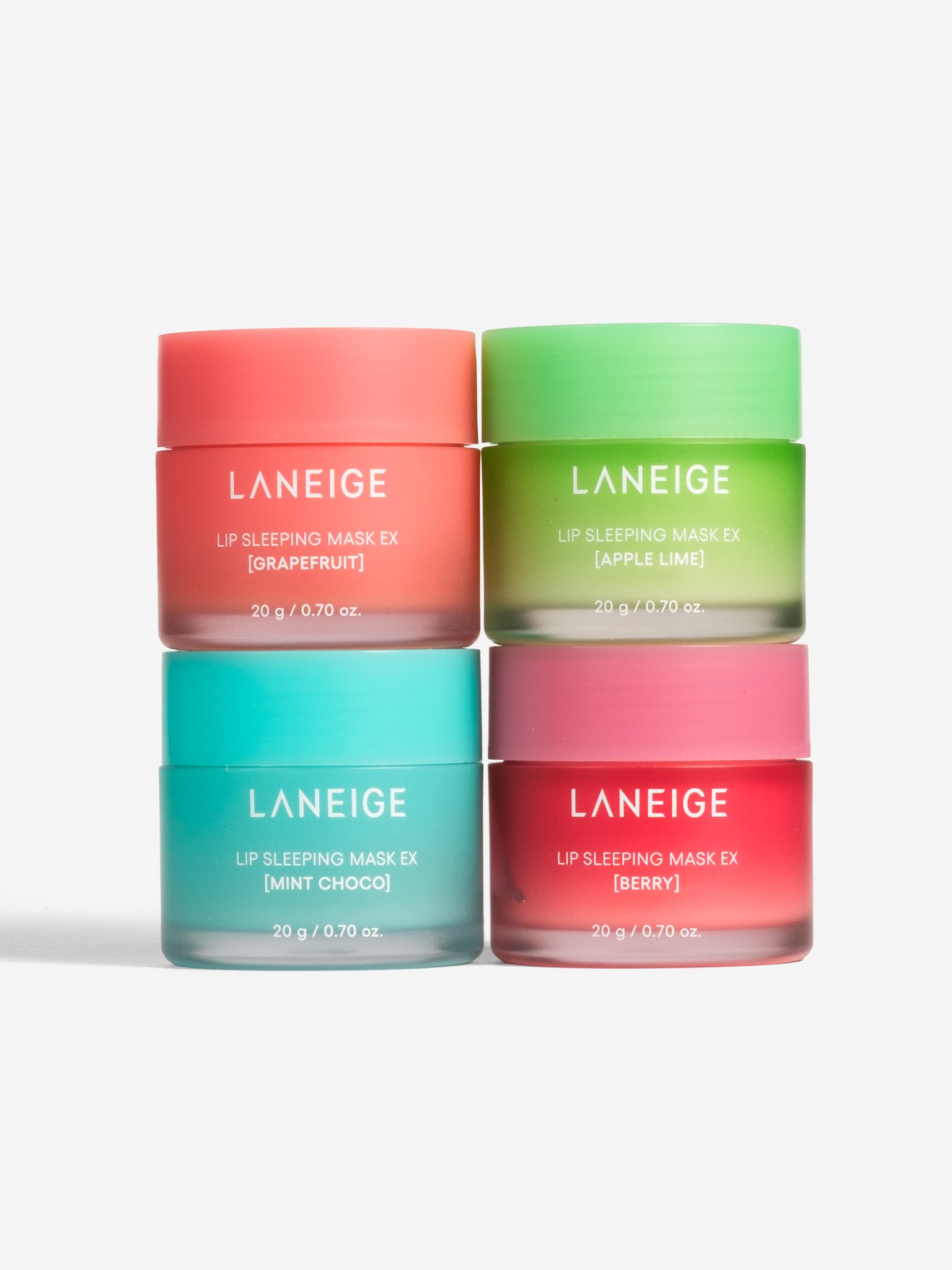 Laneige Lip Sleeping Mask EX range — Berry, Mint Choco, Apple Lime and Grapefruit overnight lip mask jars