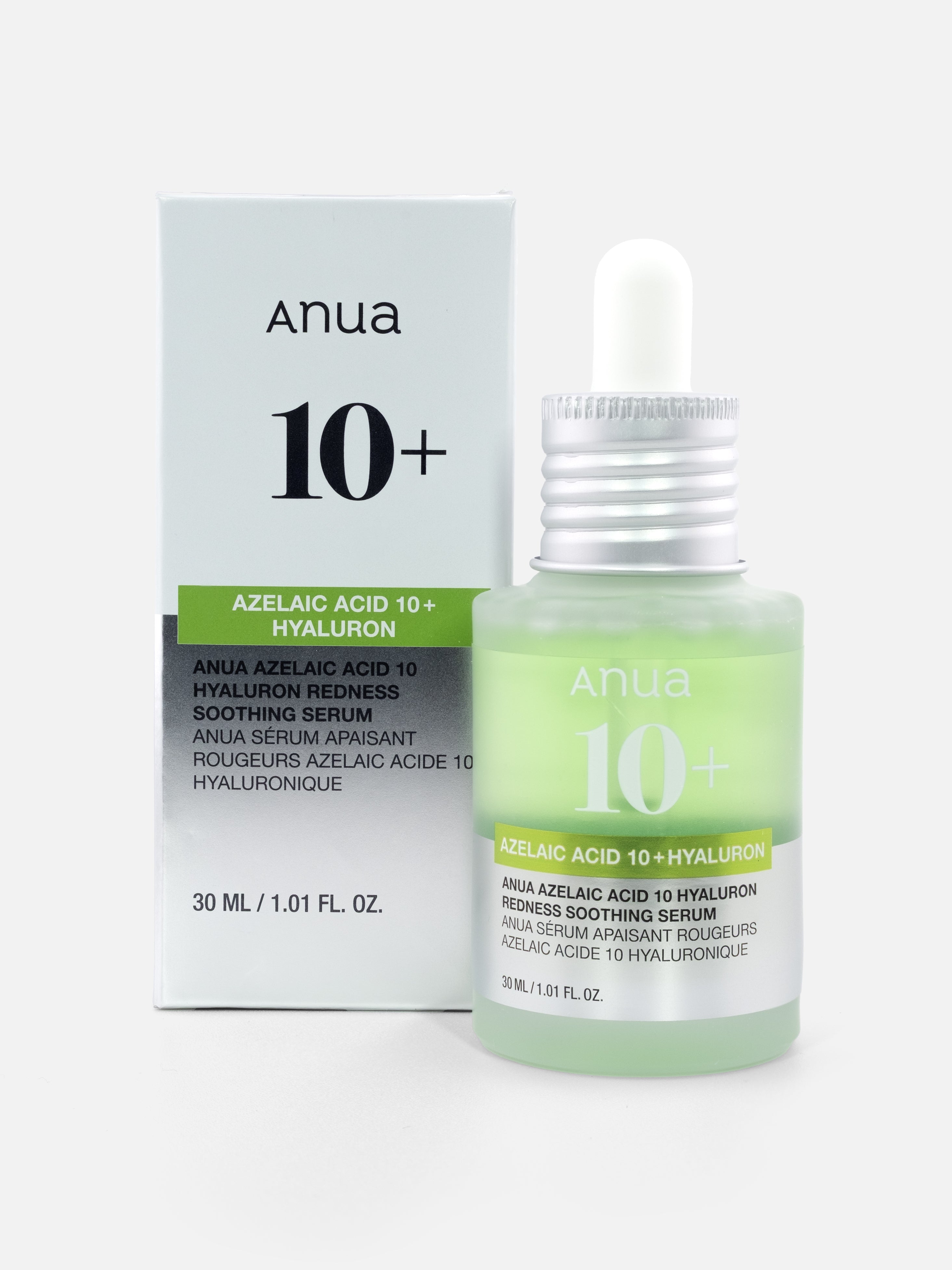 Anua 10+ azelaic acid and hyaluron serum bottle with packaging on a white background