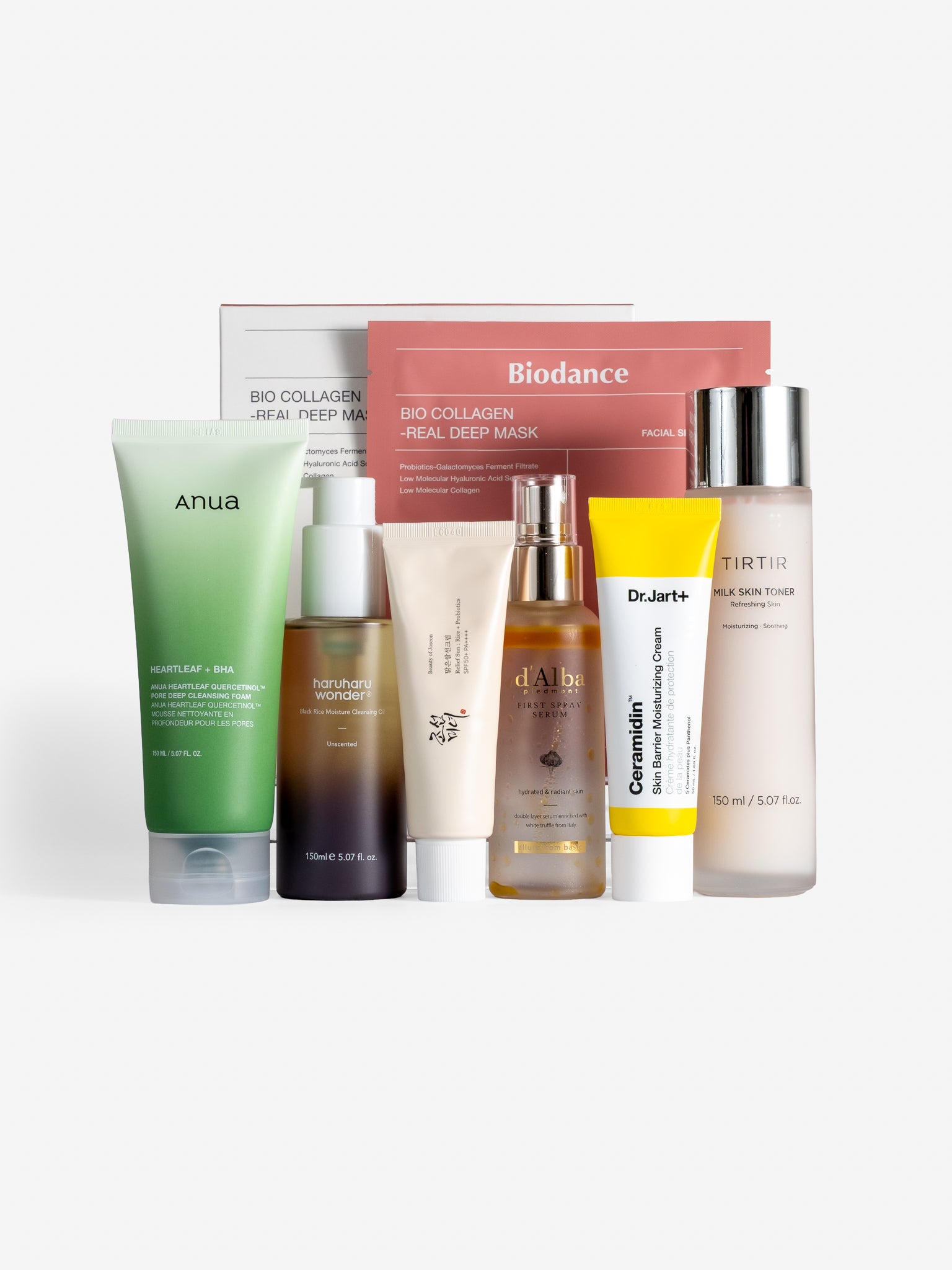 Bio collagen-real deep mask, heartleaf quercetinol pore deep cleansing foam, black rice moisture cleansing oil, relief sun: Rice + probiotics, ceramidin skin barrier moisturising cream, milk skin toner on a white background