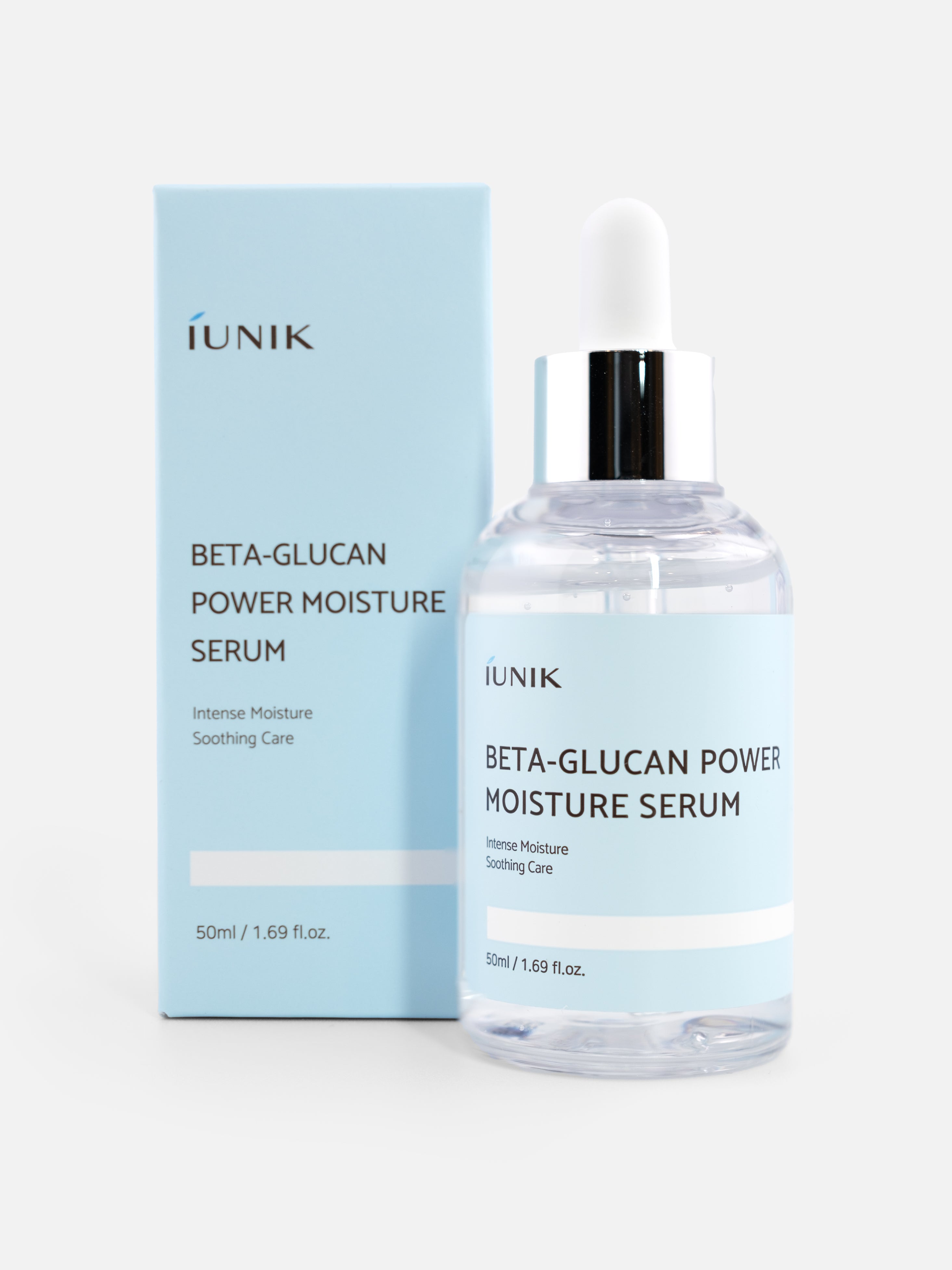 iUNIK Beta-Glucan Power Moisture Serum bottle and box on a white background