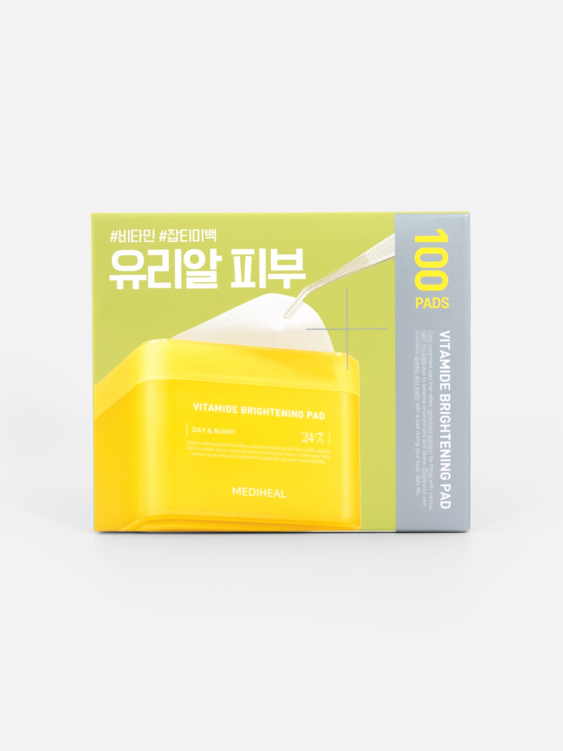 MEDIHEAL Vitamide Brightening Pad 100 pads packaging on grey background
