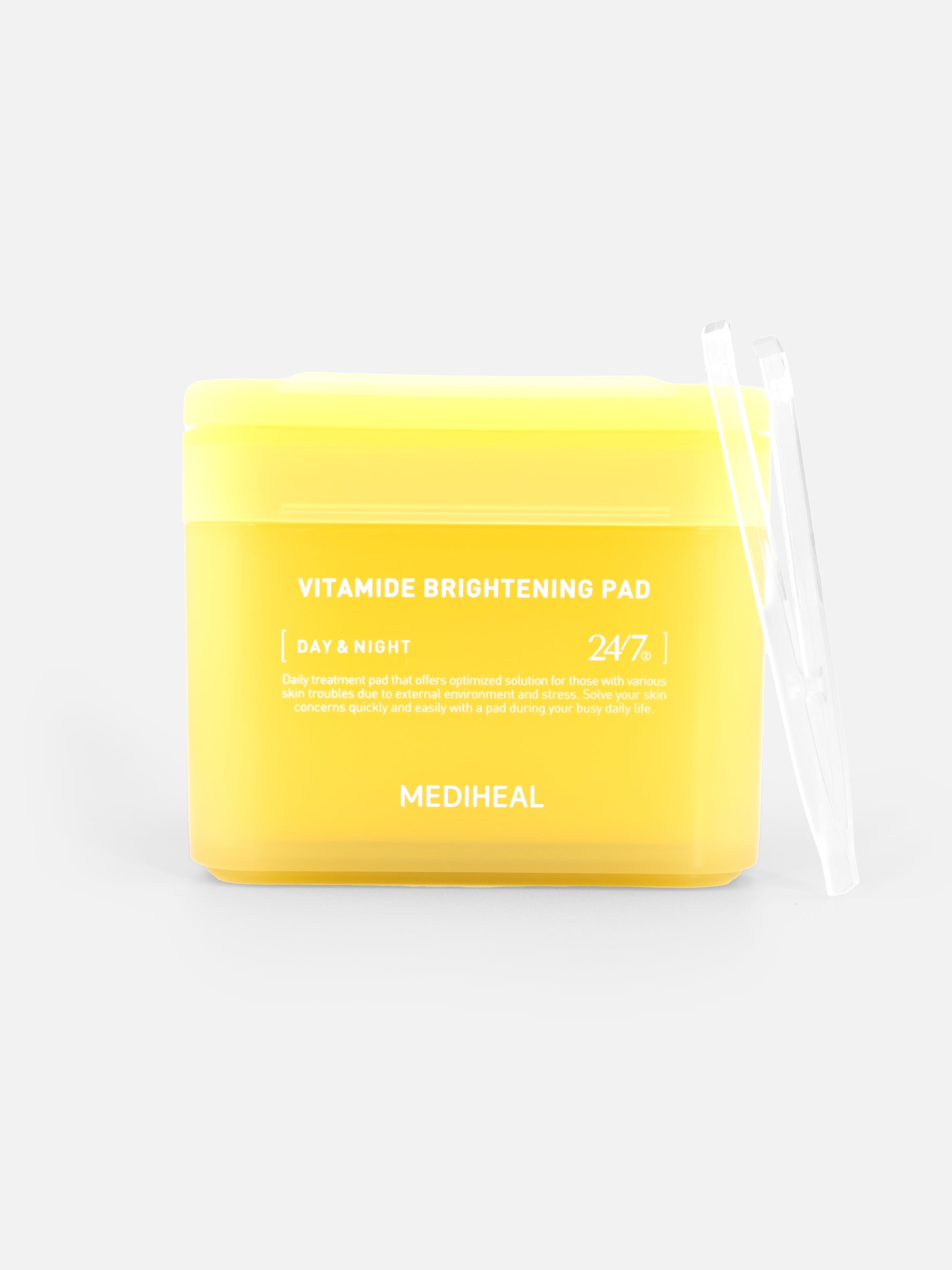 MEDIHEAL Vitamide Brightening Pad 100 pads with tweezers on grey background