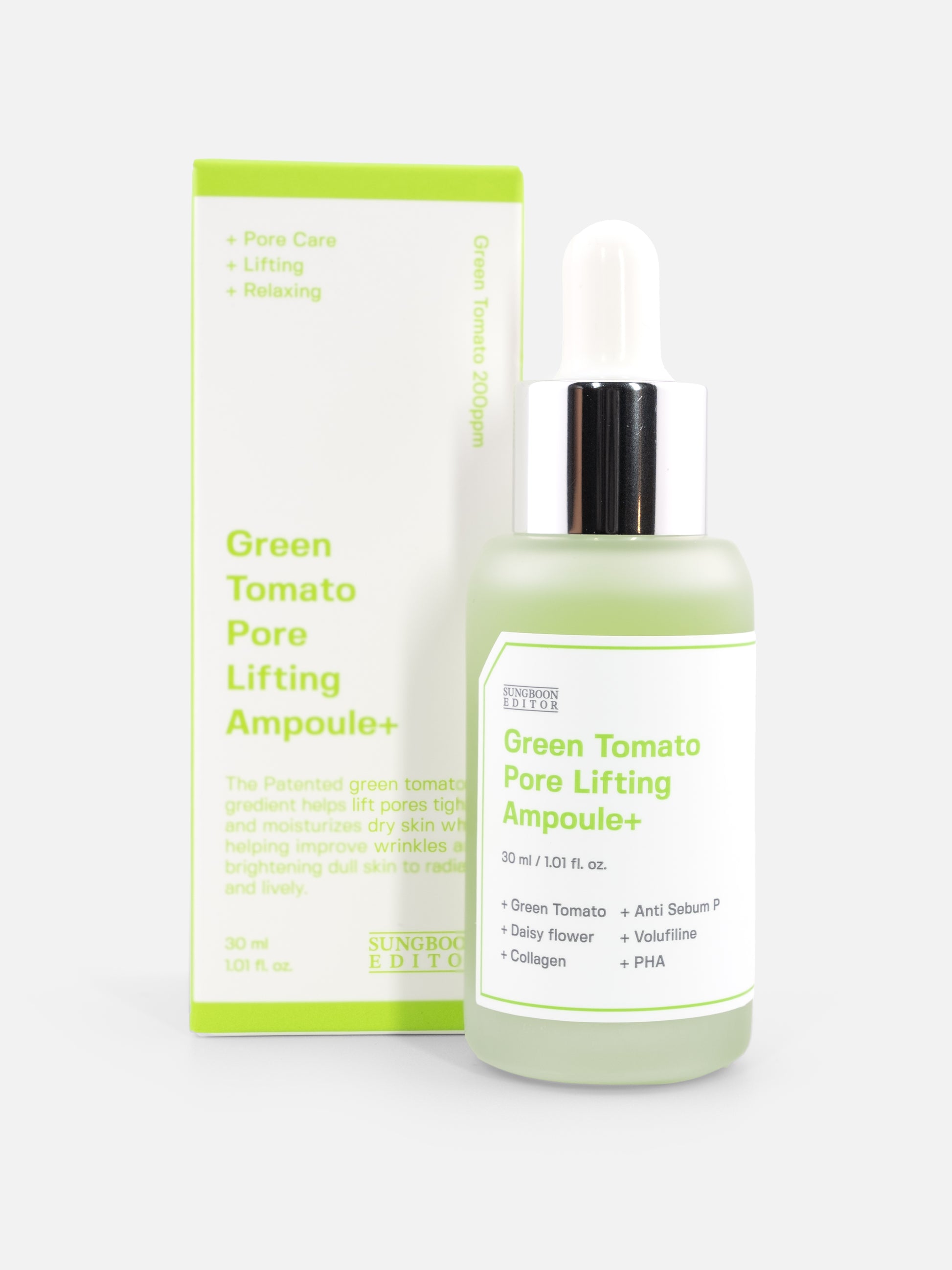 SUNGBOON EDITOR Green Tomato Pore Lifting Ampoule+ 30ml with box on white background