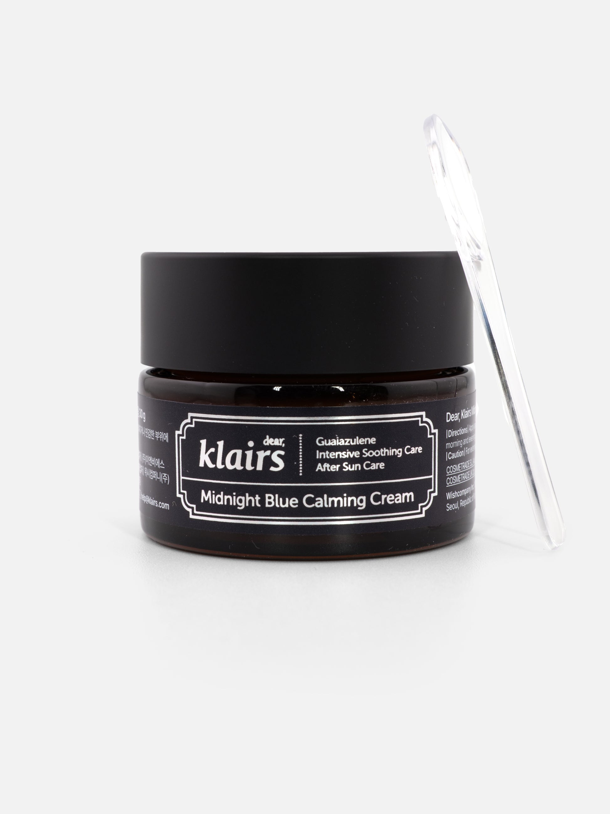 dear, klairs Midnight Blue Calming Cream 30ml with applicator on white background